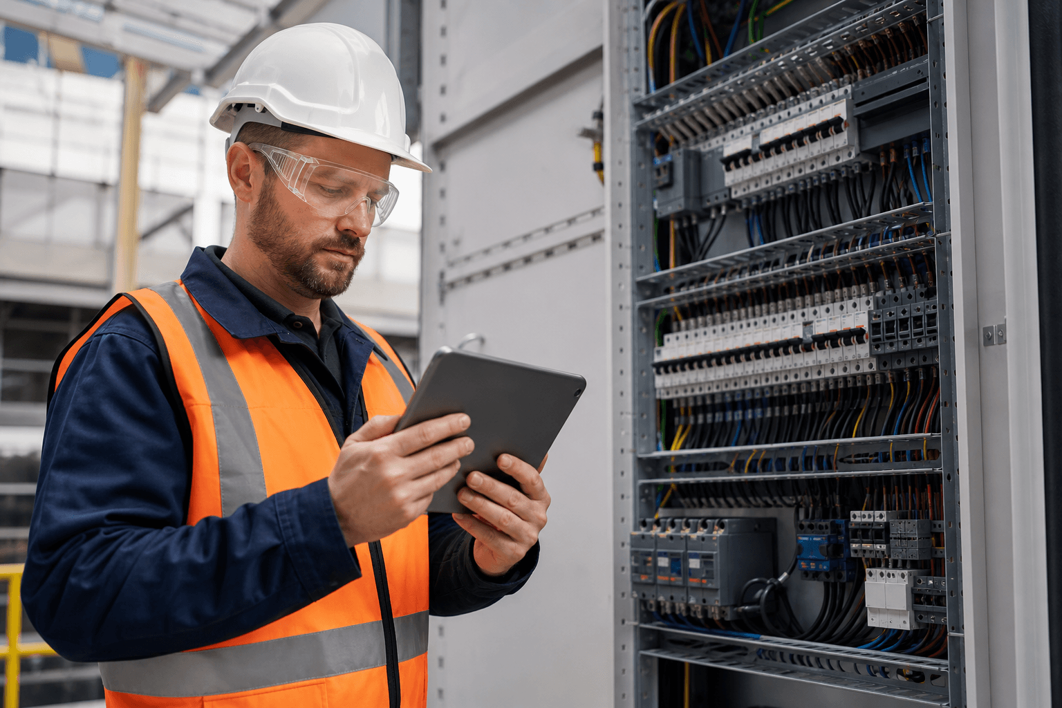 Electrical contractor reviewing a distribution board on a tablet